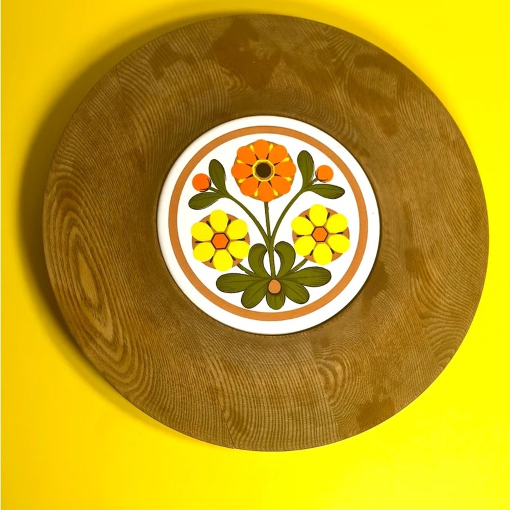 Vintage 70s Tray, Tile Trivet, Catchall, Mod Wood Server